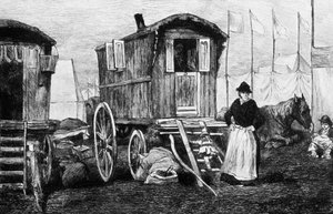 Lager von Zigeunern mit ihrem Pferdewagen