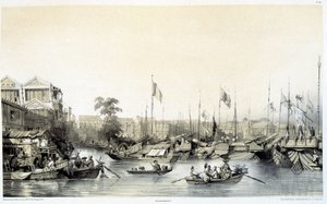 Europäische Faktoreien in Kanton - in „China and the Chinese“, Zeichnungen von Auguste Borget und Lithografien von Eugène Cicéri von Auguste Borget