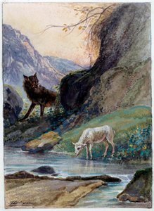 Illustration der Fabel „Der Wolf und das Lamm“ von Jean de La Fontaine von Auguste Delierre
