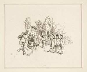 Dame reitet auf Kuh, andere Figuren und Elefant