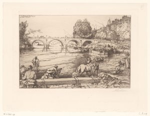 Blick auf die Pont Marie mit Figuren in der Seine von Auguste Lepère (signed by artist)