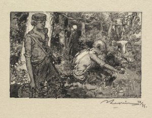 Fontainebleau-Wald: Maiglöckchensammler (La Forêt de Fontainebleau: La Cueillette du Muguet) von Auguste Louis Lepère