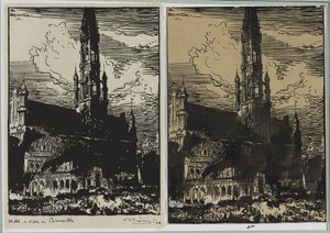 Rathaus von Brüssel in Flammen von Auguste Louis Lepère