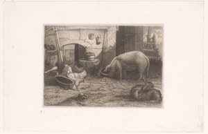 Schwein, Hühner und Kaninchen bei einem Schuppen