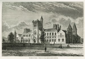 Die Universität von Toronto, Zeichnung von A. Deroy, zur Illustration der Geschichte eines Ausflugs nach Kanada und zum nördlichen Roten Fluss 1873 von H. de Lamotte. Gravur in Le tour du monde