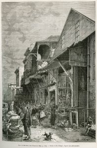 Die Straße des Marktes in San Francisco, die die Anwesenheit einer bedeutenden chinesischen Gemeinschaft zeigt, ein Vorbote eines zukünftigen Chinatowns. Gravur nach A. Deroys Zeichnung, zur Illustration der Geschichte La conquete blanche, von William Hep