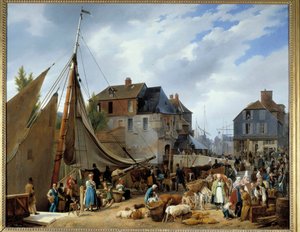 Verladung von Vieh auf den Passagier im Hafen von Honfleur. Gemälde von Auguste-Xavier Leprince (1799-1826) 1823