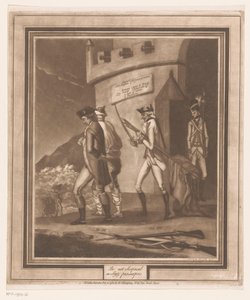 Soldaten mit zwei Gefangenen bei Turm
