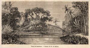 Eine Bambusbrücke im Dschungel, nahe dem Salak-Berg. Zeichnung von M. de Molins, zur Illustration seiner Reise nach Java von Auguste de Molins