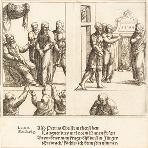 Christus vor Kaiphas und Petrus verleugnet Christus von Augustin Hirschvogel