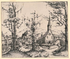 Kirche an einem Bach, überspannt von einer überdachten Brücke von Augustin Hirschvogel