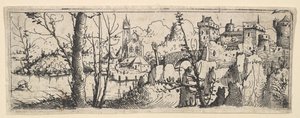 Landschaft mit Festung und Kirche an einem Fluss, 1545