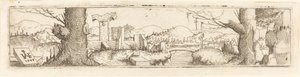 Landschaft mit Bach und Ruinen