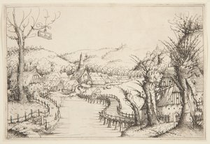 Landschaft mit einer gewundenen Holzbrücke