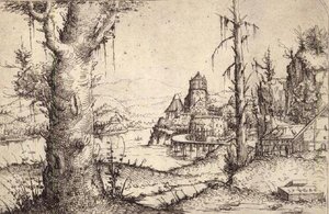 Flusslandschaft mit einem kräftigen Baum von Augustin Hirschvogel
