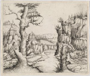 Flusslandschaft mit hohen Klippen von Augustin Hirschvogel