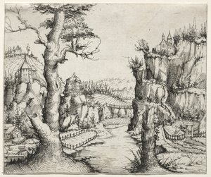Flusslandschaft mit Felsen links und rechts von Augustin Hirschvogel