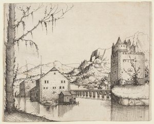 Flusslandschaft mit zwei Gebäuden, verbunden durch eine Brücke