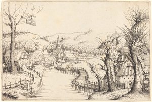 Flusslandschaft mit Holzbrücke