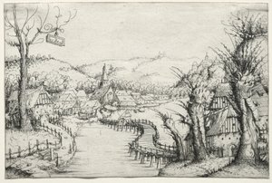 Flusslandschaft mit drei kahlen Weiden rechts und einer langen, gewundenen Holzbrücke in der Mitte, die zu einem Dorf führt von Augustin Hirschvogel