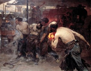 Arbeitsunfall Ein Arbeiter in einer Fabrik wird von einer der Maschinen verletzt und von seinen Kollegen transportiert (Gemälde)