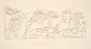 Assyrische Krieger zu Pferd, aus Denkmäler von Ninive, veröffentlicht 1849 von Austen Henry Layard