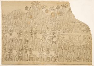 Streitwagen und Begleiter von Sanherib und eine Burg auf einem Berg (Kouyunjik), aus Denkmäler von Ninive, veröffentlicht 1849 von Austen Henry Layard