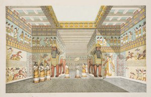 Rekonstruktion der Halle eines assyrischen Palastes, aus Denkmäler von Ninive, veröffentlicht 1849 von Austen Henry Layard
