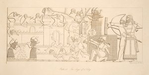 Die Belagerung einer Stadt, aus Denkmäler von Ninive, veröffentlicht 1849 von Austen Henry Layard