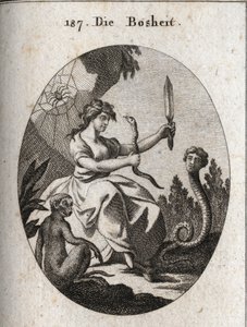 Allegorie der Bosheit. Sie sieht glücklich aus mit einem Aspik und einem Dolch. Ihre Attribute sind die Schlange mit einem menschlichen Gesicht, die Betrug wünscht, der Affe, der das Emblem der Bosheit ist, und die Spinne, die auf Fallen hinweist. von Austrian School