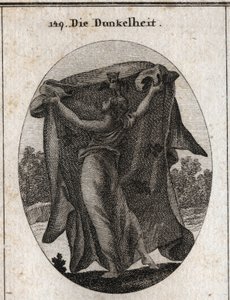 Allegorie der Dunkelheit. Sie breitet einen dunklen Schleier aus, mit dem sie das Eindringen von Licht verhindert. Ihre Attribute sind die Eule und andere Nachtvögel. Gravur in „Iconologie oder Ideen aus dem Gebiete der Leidenschaften und Allegorien bildli