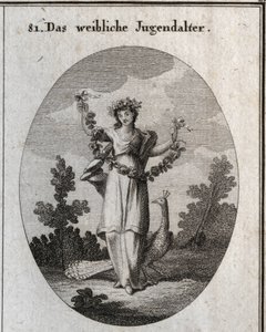 Allegorie der Jugend (Teenager) dargestellt durch eine junge Frau mit einer Krone und einem Blumenkranz, um glückliche Glückseligkeit zu zeigen. Der Pfau versteht die Liebe zum Schmuck. Ihr Fuß steht auf einer Sanduhr. Gravur in "Iconologie oder Ideen aus  von Austrian School