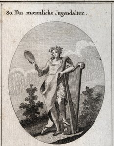 Allegorie der Jugend (Teenager), dargestellt durch einen jungen Mann, der sich auf eine Harfe lehnt und einen Spiegel hält. Sein Fuß steht auf einer Sanduhr. Gravur in „Iconologie oder Ideen aus dem Gebiete der Leidenschaften und Allegorien bildlich darges von Austrian School
