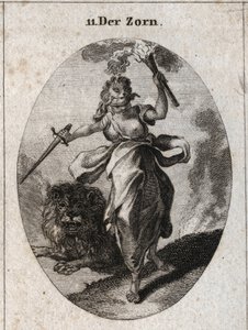 Allegorie des Zorns, dargestellt in einer unruhigen Haltung, mit verbundenen Augen, einem Schwert und einer Fackel in den Händen. Sie ist mit Bärenhaut bekleidet und der Löwe hinter ihr ist furios. Gravur in „Iconologie oder Ideen aus dem Gebiete der Leide von Austrian School