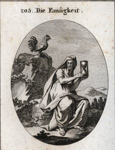 Allegorie der Anwesenheit. Sie hält eine Sanduhr und sitzt am Fuße eines Felsens, umgeben von einer Efeupflanze. Der Hahn ist ihr Attribut, da Anwesenheit ohne Wachsamkeit nicht existiert. Gravur in „Iconologie oder Ideen aus dem Gebiete der Leidenschaften