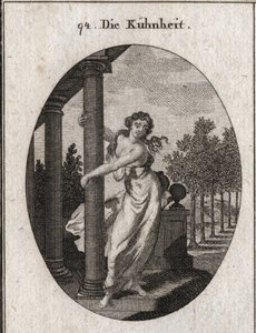 Allegorie der Kühnheit, die eine Säule umarmt, die ein Gebäude stützt, während sie versucht, es niederzureißen. Gravur in „Iconologie oder Ideen aus dem Gebiete der Leidenschaften und Allegorien bildlich dargestellt für Zeichner, Maler, Dichter, Gelehrte,  von Austrian School