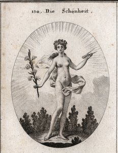 Allegorie der Schönheit. Der Zirkel ist das Emblem der Genauigkeit der Proportionen. Die Lilie ist das Symbol der Schönheit. Gravur in "Iconologie oder Ideen aus dem Gebiete der Leidenschaften und Allegorien bildlich dargestellt für Zeichner, Maler, Dichte von Austrian School