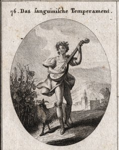 Allegorie des sanguinischen Temperaments. Die Ziege, die Trauben frisst, zeigt, dass das Blut zu den Freuden der Liebe und des Bacchus gebracht wird. Gravur in „Iconologie oder Ideen aus dem Gebiete der Leidenschaften und Allegorien bildlich dargestellt fü von Austrian School