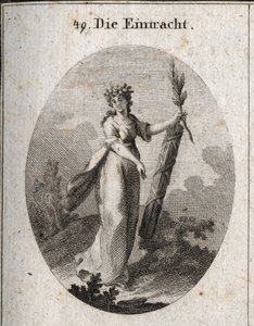 Allegorie der Eintracht, dargestellt mit einer Krone aus Granatäpfeln, dem Emblem der Vereinigung. Der Olivenzweig ist ein Symbol des Friedens und das eng zusammengebundene Bündel von Stäben zeigt die Macht vereinter Kräfte. Gravur in „Iconologie oder Idee von Austrian School