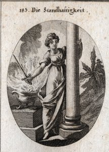 Allegorie der Beständigkeit. Sie hält ein Schwert über ein brennendes Feuer. Die Säule, die sie umarmt, ist das Attribut des Bauernhofs. Gravur in "Iconologie oder Ideen aus dem Gebiete der Leidenschaften und Allegorien bildlich dargestellt für Zeichner, M von Austrian School