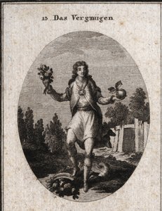 Allegorie der Zufriedenheit, dargestellt durch einen jungen Mann, der mit einer Hand einen goldenen Apfel und mit der anderen einen Blumenstrauß hält. Sie zeigen, dass alles, was ihn umgibt, an seiner Freude teilnimmt, die durch den Rubin auf seiner Brust  von Austrian School