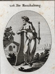 Allegorie der Wirtschaft. Sie ist mit einem Olivenzweig gekrönt, der den Frieden symbolisiert. Sie lehnt sich an ein Ruder und hält ein Zepter und einen Kompass, Embleme der Macht und der genauen Regierung. Gravur in „Iconologie oder Ideen aus dem Gebiete  von Austrian School