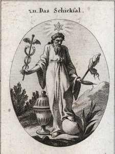 Allegorie des Schicksals. Ein Stern darüber zeigt astrologische Berichte über Vorfälle im menschlichen Leben. Er hält in einer Hand ein Symbol seiner Macht und in der anderen eine Rohrkolben-Symbol und eine Spindel, deren gebrochener Faden die Zerbrechlich von Austrian School