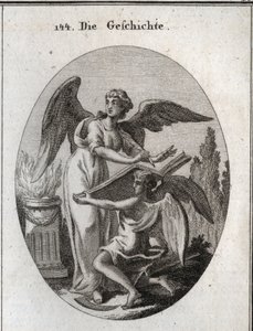 Allegorie der Geschichte. Ihre Handlungen des Zuhörens und Schreibens in einem großen Buch, das von der Zeit unterstützt wird, bedeuten die Handlung, informiert zu werden, um die Erinnerung an vergangene Dinge zu übertragen. Gravur in „Iconologie oder Idee von Austrian School