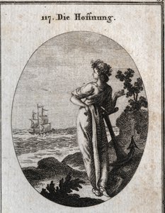 Allegorie der Hoffnung ruht auf einem Anker und beobachtet ein Schiff am Horizont. Gravur in „Iconologie oder Ideen aus dem Gebiete der Leidenschaften und Allegorien bildlich dargestellt für Zeichner, Maler, Dichter, Gelehrte, Erzieher und Freunde Höherer  von Austrian School