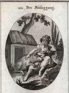 Allegorie der Faulheit, dargestellt durch eine halb schlafende Frau, die sich mit einer Hand am Kopf kratzt und mit der anderen auf einem Schwein ruht, das auf ihren Knien schläft. Gravur in „Iconologie oder Ideen aus dem Gebiete der Leidenschaften und All von Austrian School
