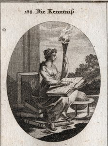 Allegorie des Wissens, basierend auf verschiedenen Bänden von Autoren mit einem Buch auf den Knien. Die Fackel verweist auf das Licht, das sie in die Seelen bringt. Gravur in „Iconologie oder Ideen aus dem Gebiete der Leidenschaften und Allegorien bildlich von Austrian School