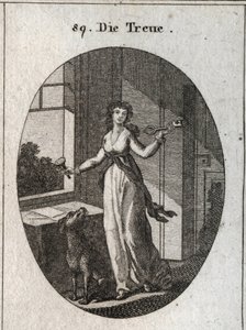 Allegorie der Treue, deren Symbole der Schlüssel, das Siegel und der Hund sind. Gravur in „Iconologie oder Ideen aus dem Gebiete der Leidenschaften und Allegorien bildlich dargestellt für Zeichner, Maler, Dichter, Gelehrte, Erzieher und Freunde Höherer Ges von Austrian School