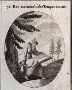 Allegorie des melancholischen Temperaments. Er hält ein Buch und eine Geldbörse und sein Mund ist mit einer Binde verschlossen. Ein Vogel sitzt auf seinem Kopf. Gravur in "Iconologie oder Ideen aus dem Gebiete der Leidenschaften und Allegorien bildlich dar von Austrian School