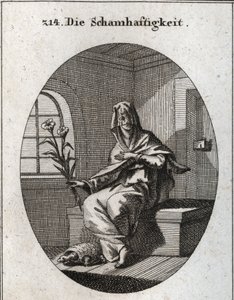 Allegorie der Bescheidenheit. Ihr Symbol ist ein Lilienzweig und eine Schildkröte, die bedeutet, dass bescheidene Frauen aus ihren Häusern entfernt werden müssen. Ihr Gesicht ist von einem Schleier bedeckt. von Austrian School